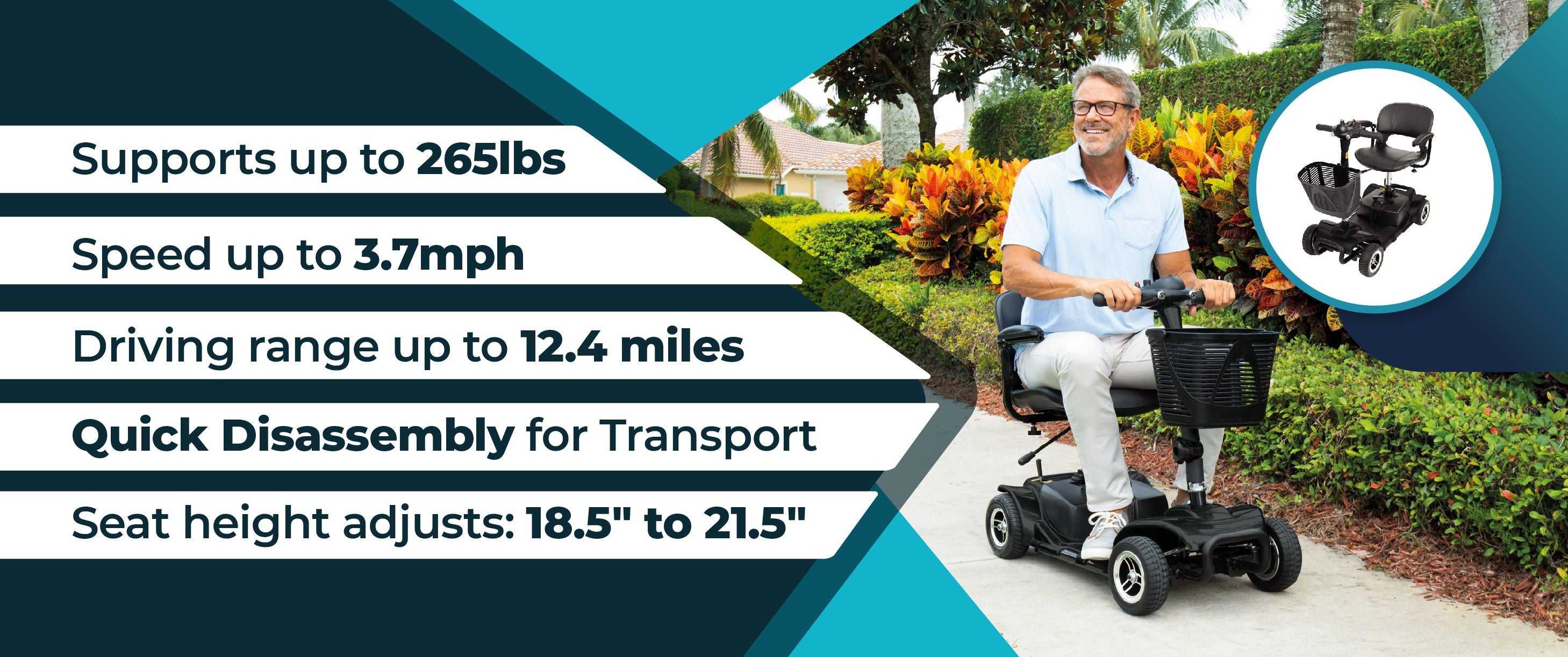 Vive Mobility - Long Range 4 Wheel Mobility Scooter, 265lb Capacity