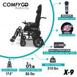 COMFYGO | X-9 Remote Controlled Electric Wheelchair, Automatic Reclining Backrest & Lifting Leg Rests | Range: Up To 17 Mile | X-9 Max