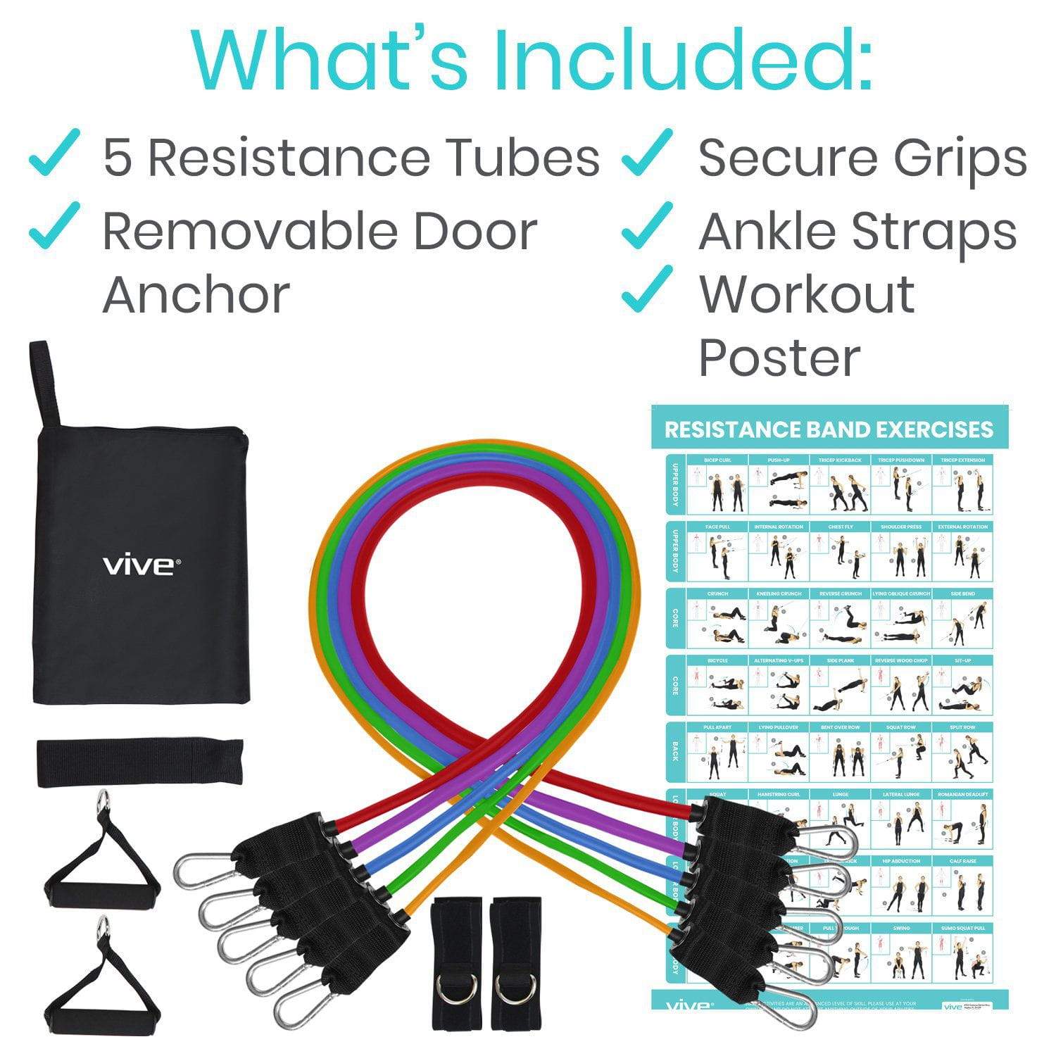 Vive Health - 11 PC Tube Resistance Bands with Metal Clips, Handles/Loops, Door Anchor