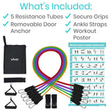 Vive Health - 11 PC Tube Resistance Bands with Metal Clips, Handles/Loops, Door Anchor