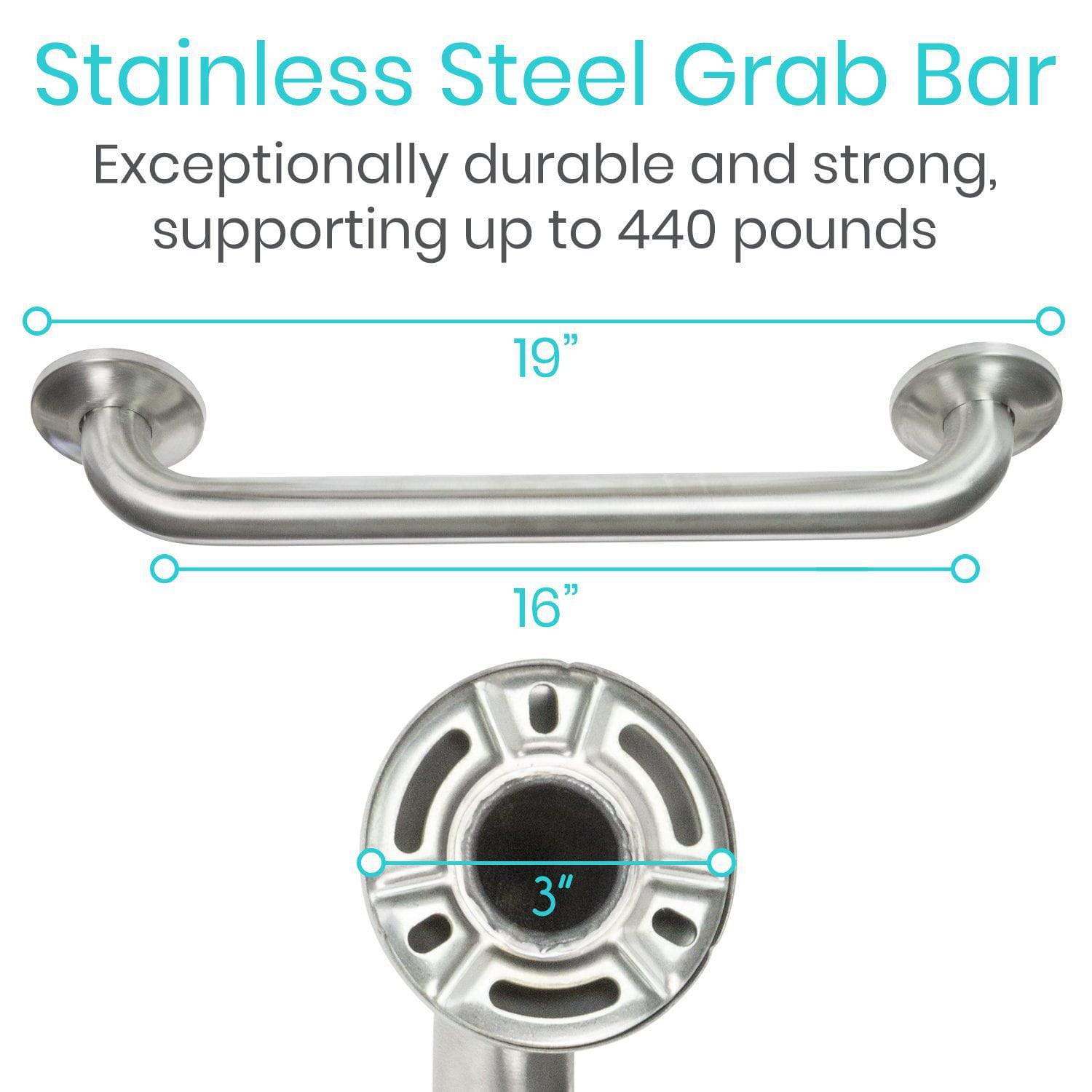 Vive Health - Metal Grab Bar, 12" Stainless Steel, Up to 440 lbs