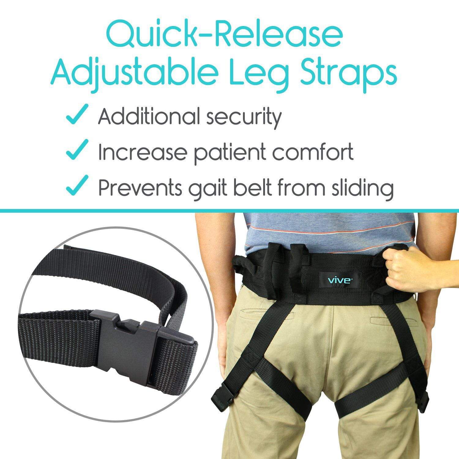 Vive Health - Transfer Belt with Leg Loops, Adjustable up to 52", 6 Handles, Metal Buckle