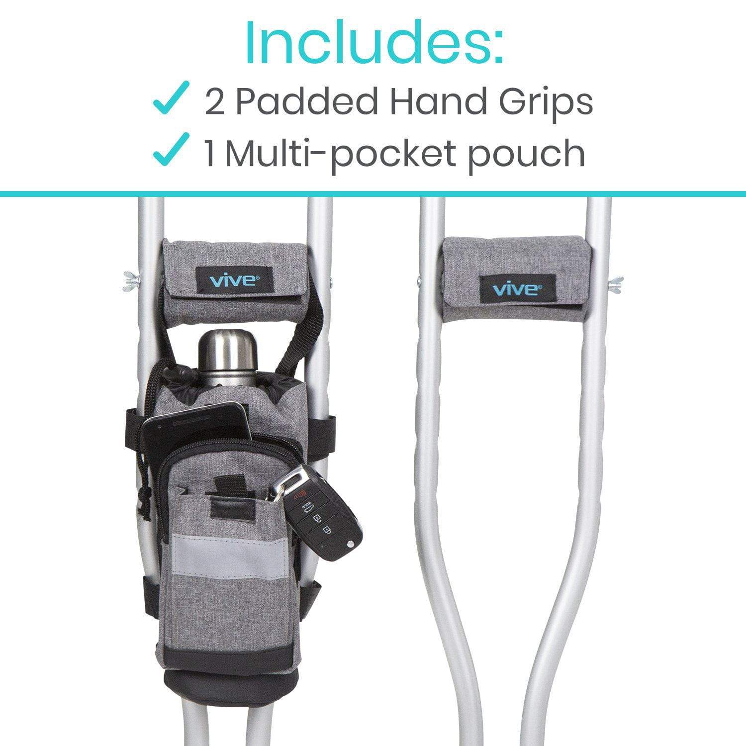 Vive Health - Crutch Bag with Drawstring, Zippered Pocket, and Hand Grip Covers