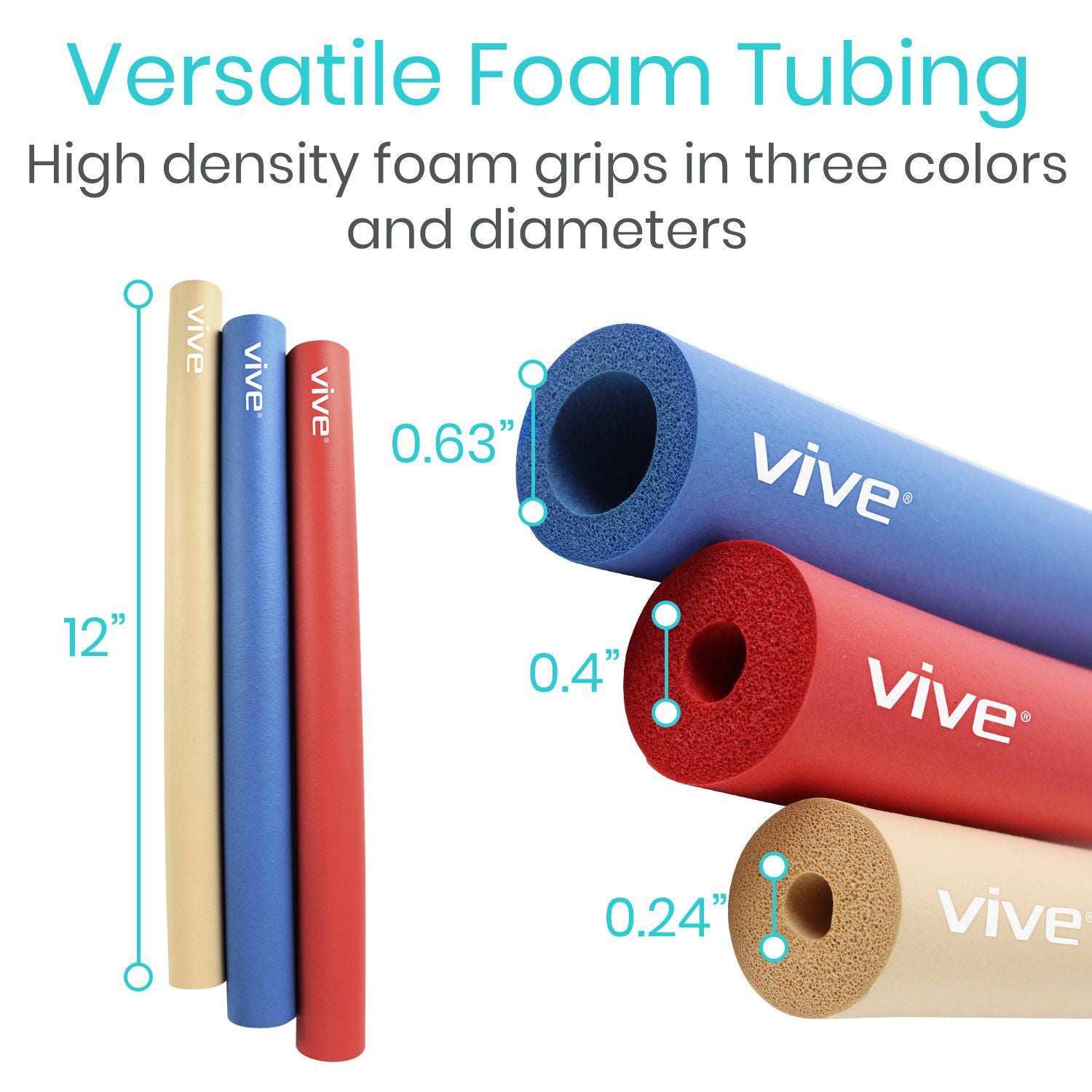 Vive Health - Foam Grip Tubing, 12" Trimmable, 3 Diameters, Dishwasher Safe