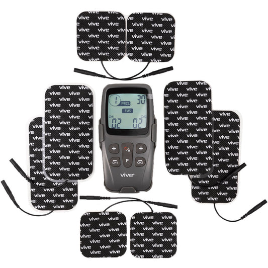 Vive Health - EMS TENS Unit with 22 Modes/40 Intensities, 8 Electrode Pads, 2 Lead Wires, and Belt Clip