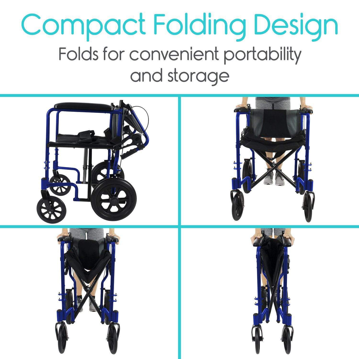 Vive Health - Four Wheel, Aluminum Transport Wheelchair, Folds Flat, 300lbs Weight Capacity