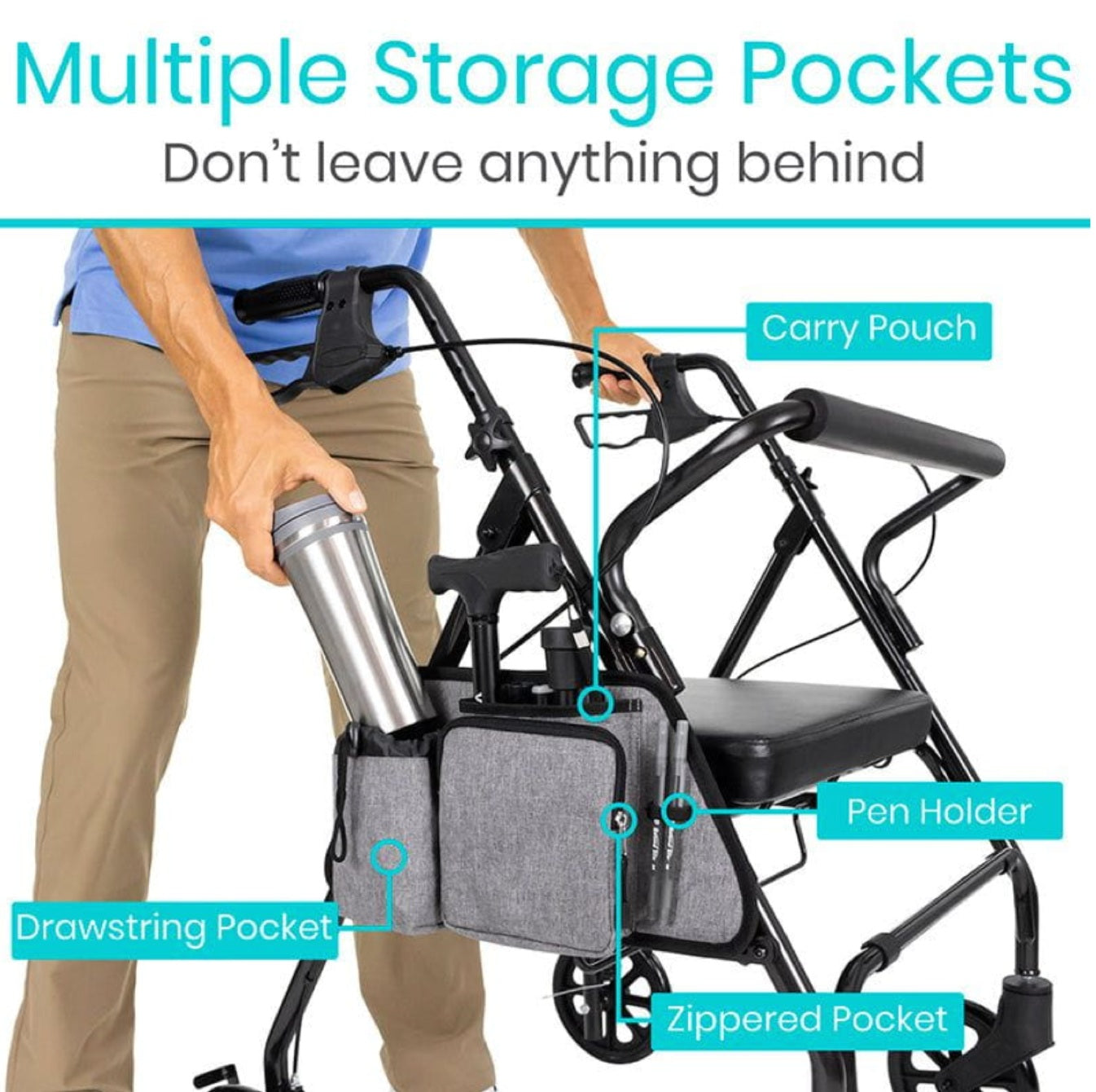 Vive Health - Rollator Side Bag, Water-Resistant, Cup, Pen, Key