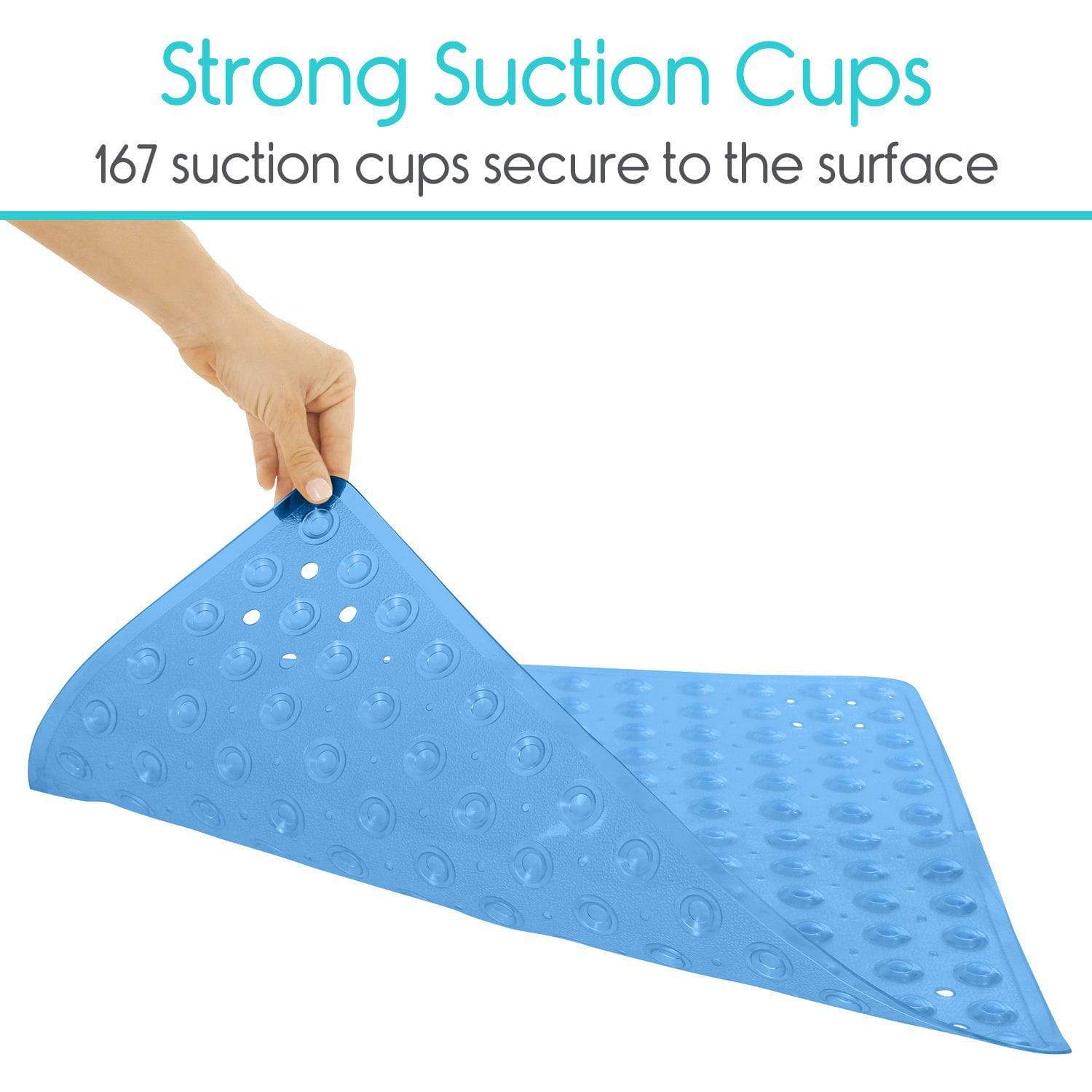 Vive Health - 20” x 20" Shower Mat, Nonslip Suction Cups, Center Drain, Blue PVC