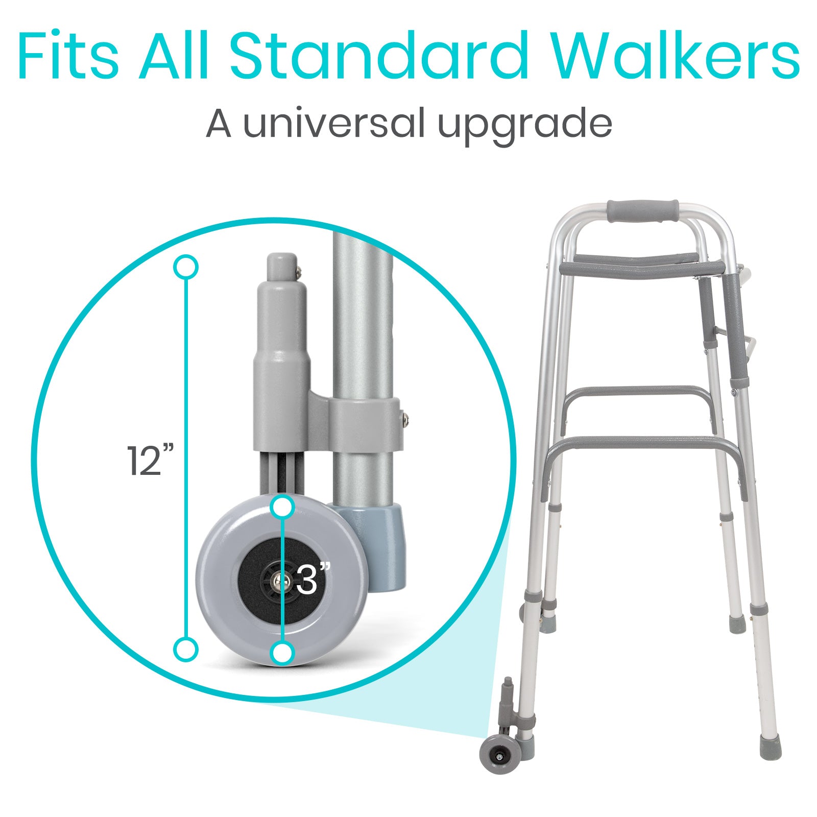 Vive Health -  Walker Wheels with Brakes, Smooth and Safe Mobility Aid with Adjustable Height