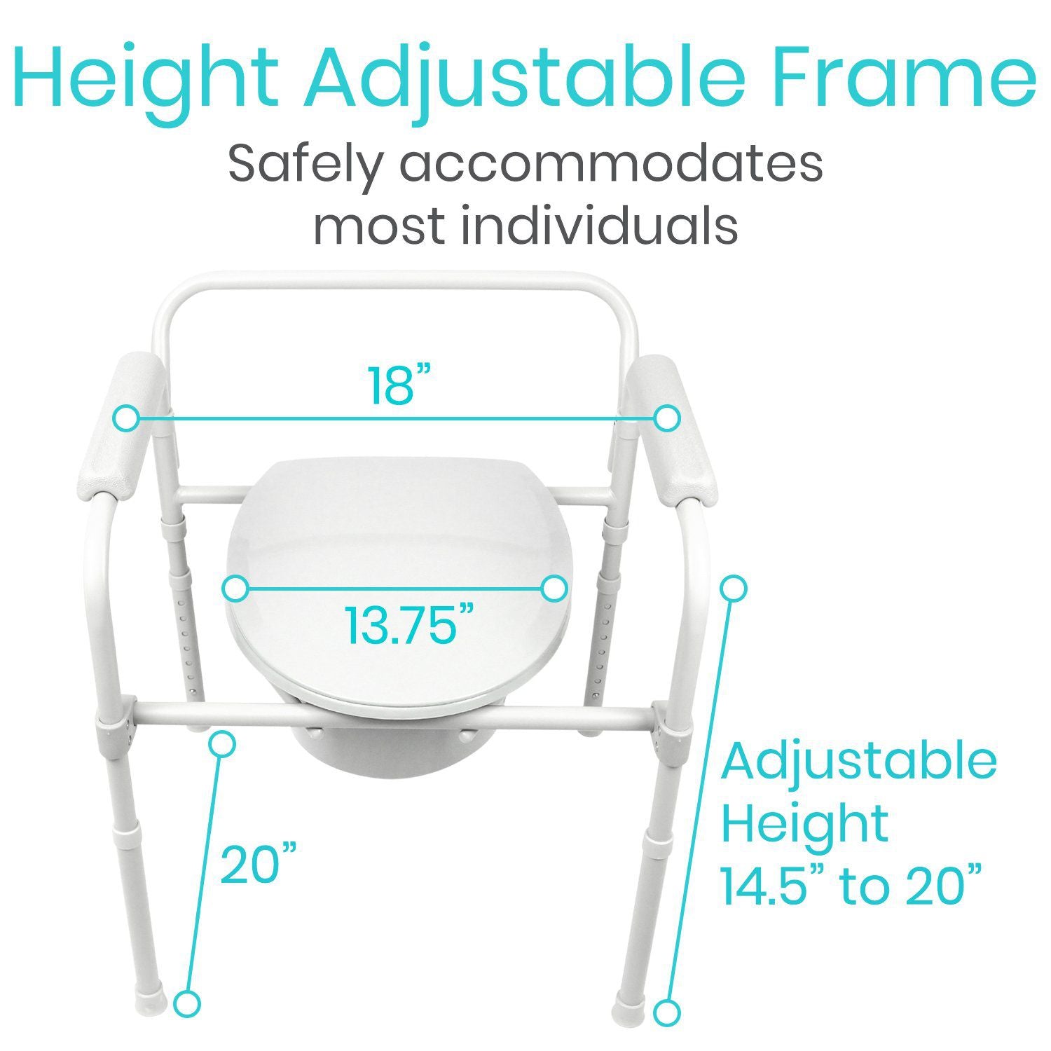 Vive Health - Height Adjustable Folding Commode with 7.5 Qt Pail, Lid, and Cover - Supports Up to 350lbs