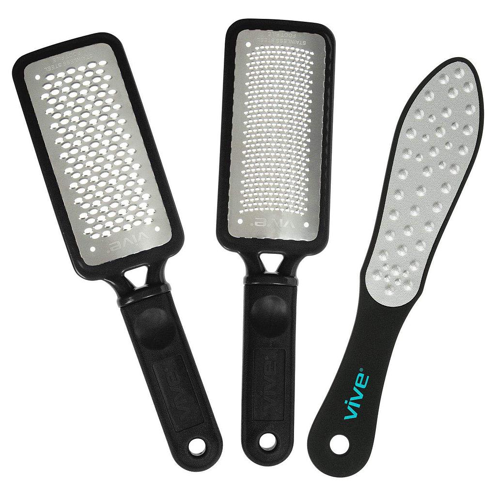 Vive Health - Pedicure Foot File Set, 3 Coarseness Grades, Stainless Steel with Carry Bag