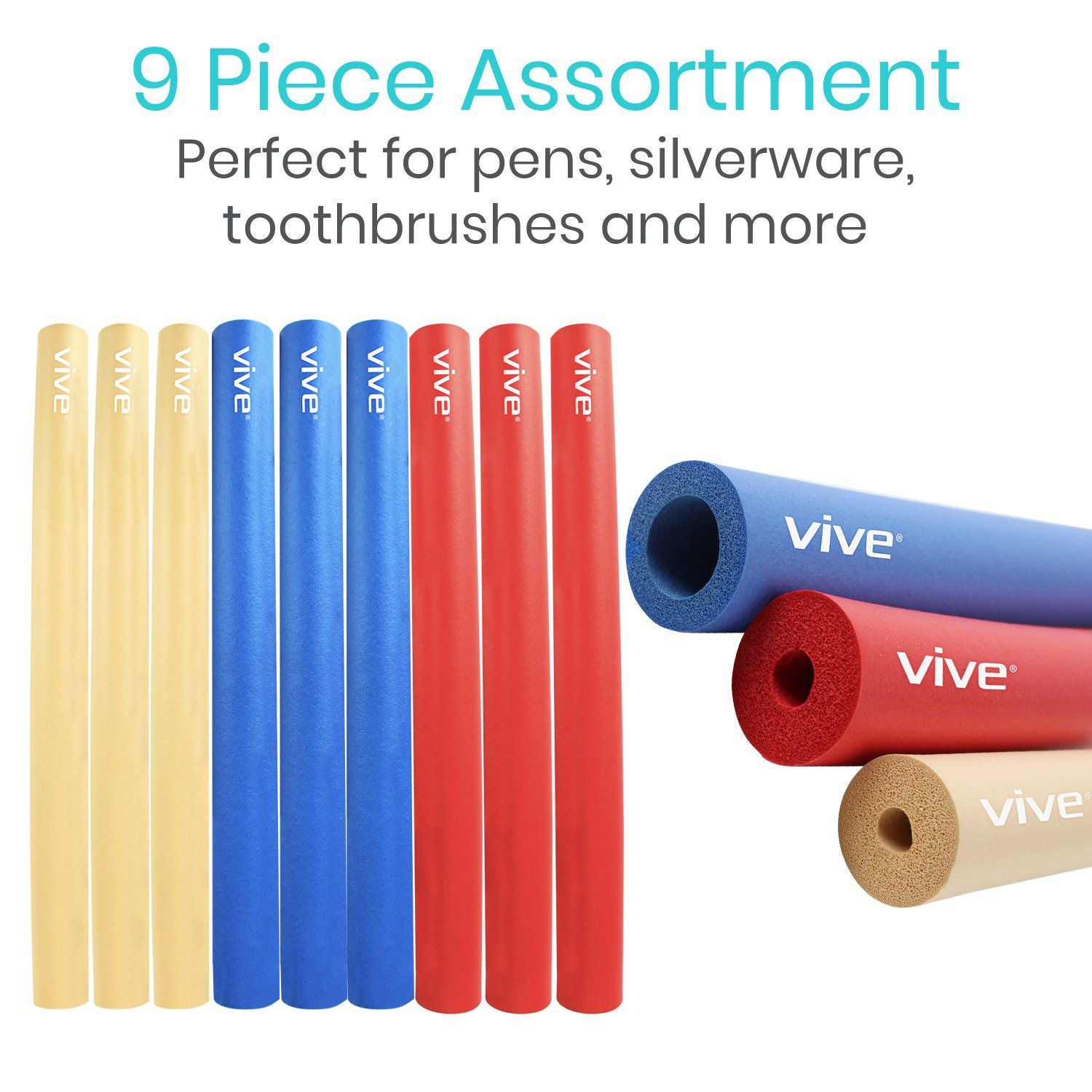 Vive Health - Foam Grip Tubing, 12" Trimmable, 3 Diameters, Dishwasher Safe