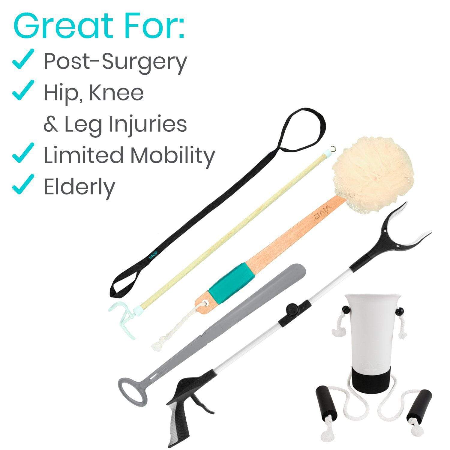 Vive Health - Hip & Knee Kit, Sock/Shoe Horn, 17" Loofah, 32" Reacher, Leg Lifter, Dressing Stick