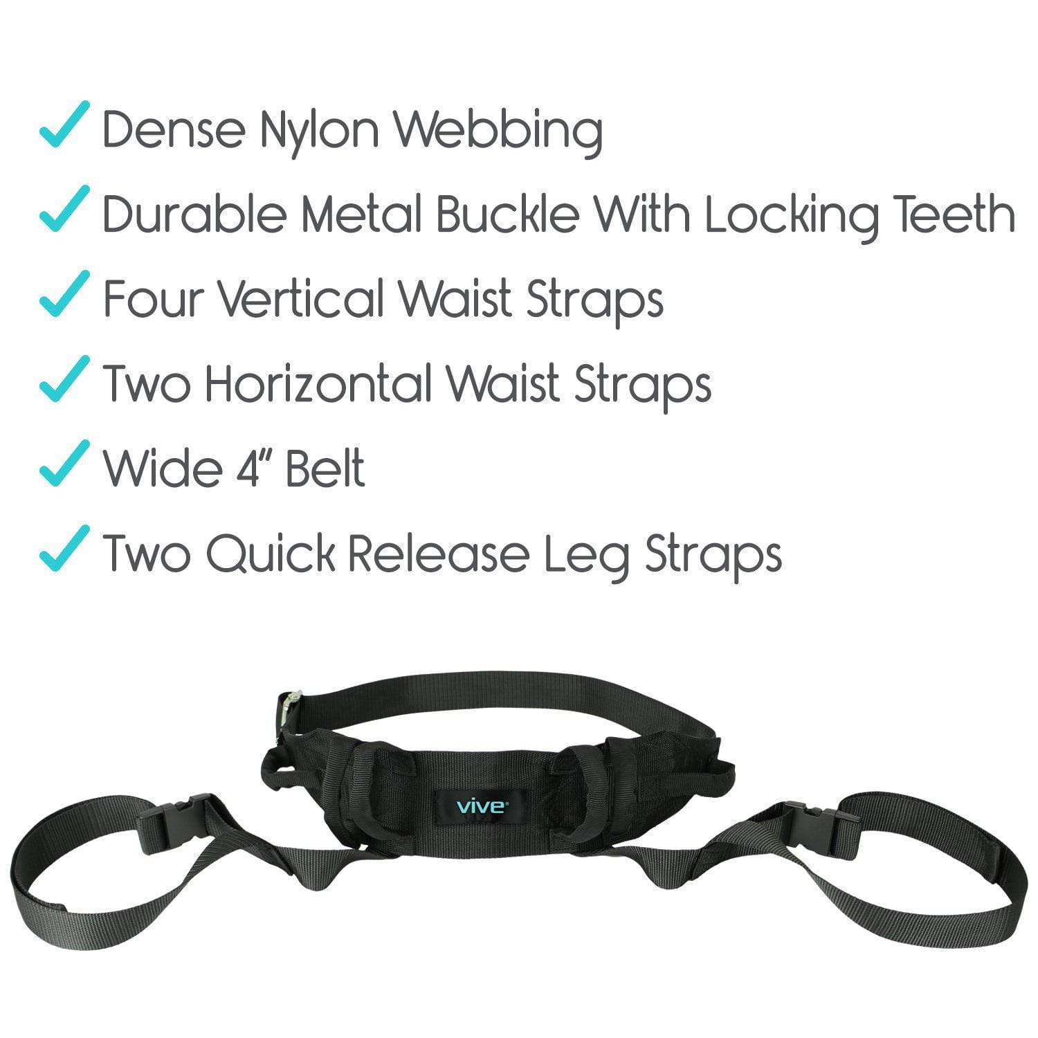 Vive Health - Transfer Belt with Leg Loops, Adjustable up to 52", 6 Handles, Metal Buckle