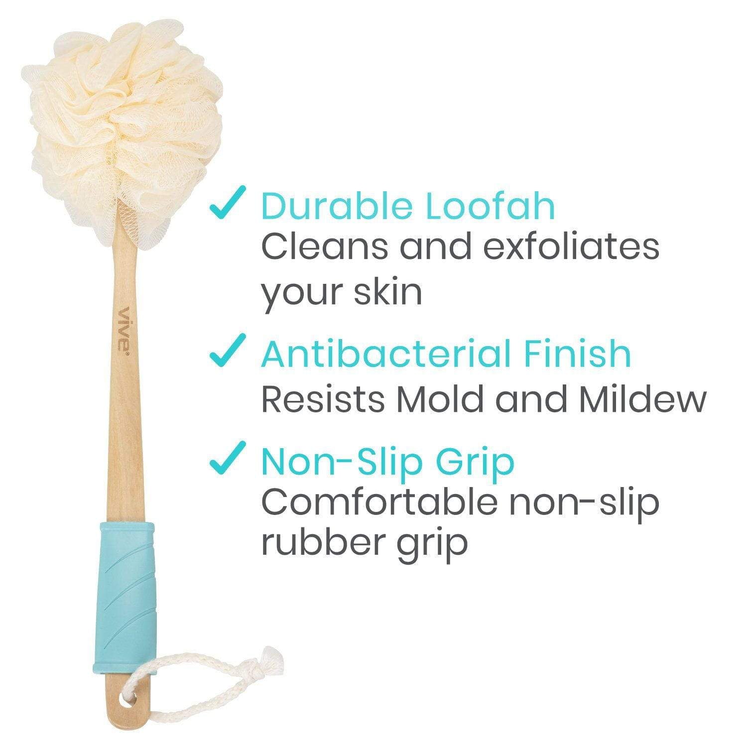 Vive Health - Curved 17” Mesh Loofah Brush with Handheld Loofah, Waterproof