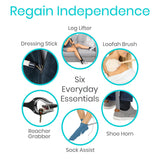 Vive Health - Hip & Knee Kit, Sock/Shoe Horn, 17" Loofah, 32" Reacher, Leg Lifter, Dressing Stick