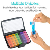 Vive Health - 7-Day Travel Pill Organizer with Pill Splitter, Four Sections Each, Black Leather Case, 7.5" x 4.8"