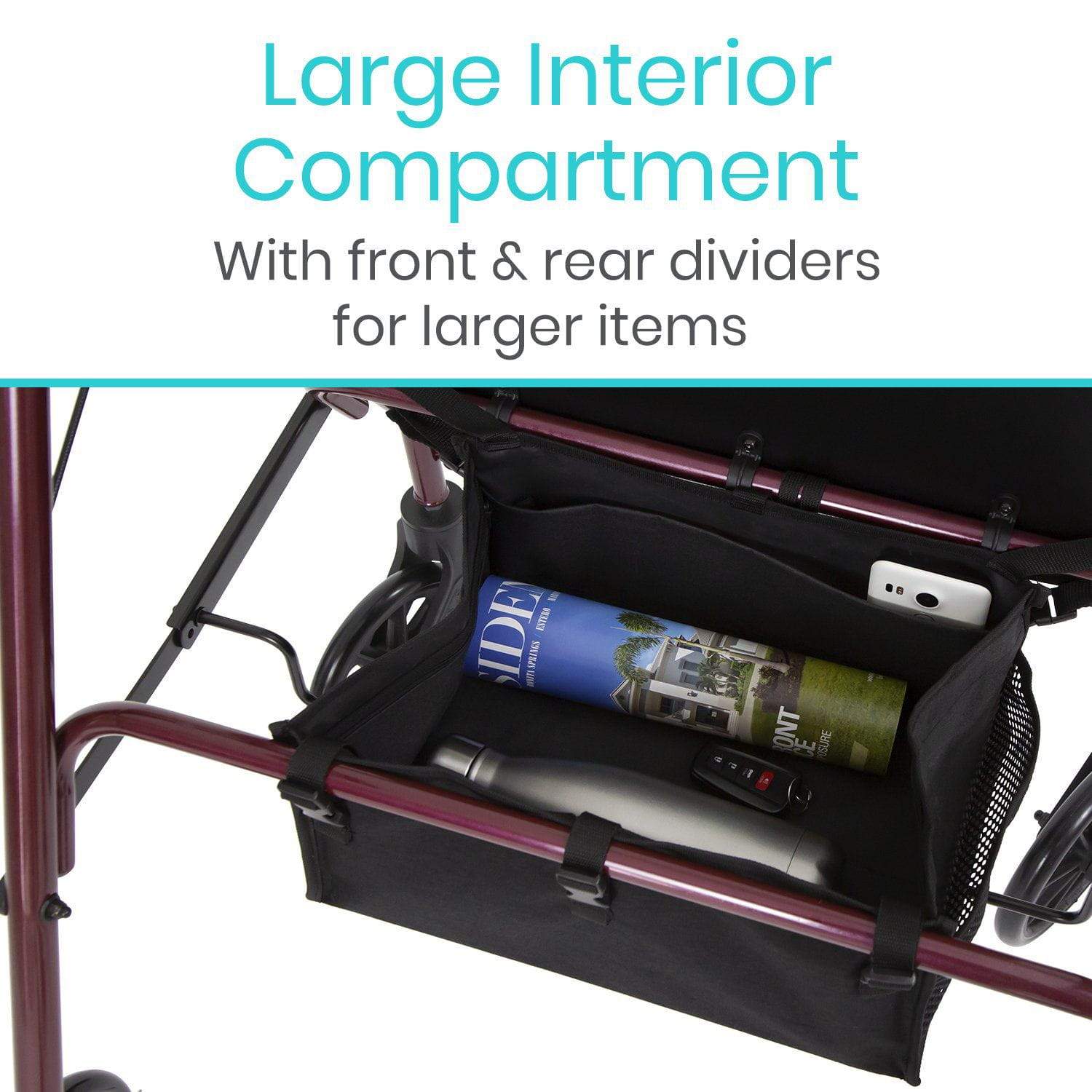 Vive Health - Rollator Seat Bag, Rigid Base, Mesh Pockets, Fits Standard and Bariatric Rollators