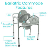 Vive Health - Open Box Bariatric Commode, Adjustable Steel Frame, 6 Qt Pail w/Lid, Splash Guard