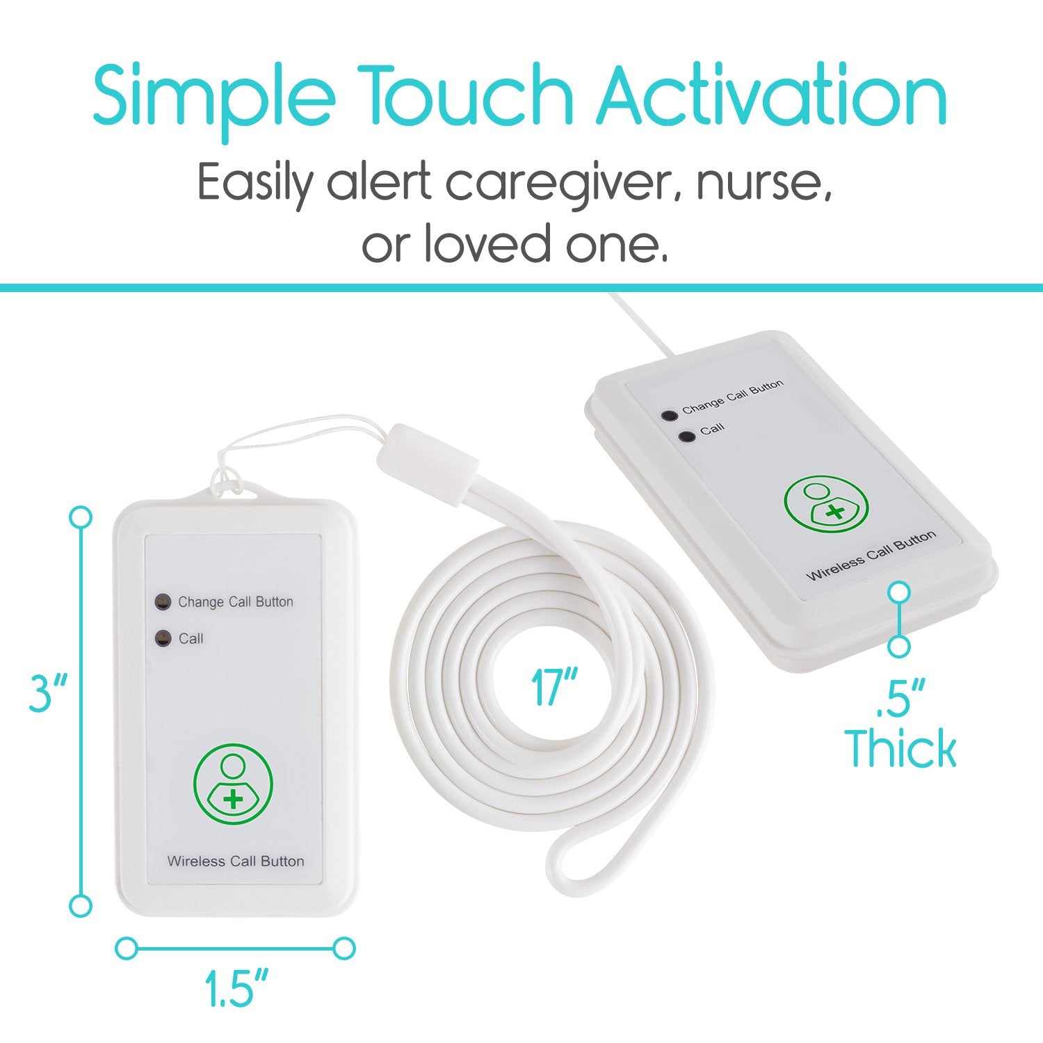 Vive Health - Wireless Call Button, Compact 3.5” x 1" with Lanyard, Real-Time Alerts