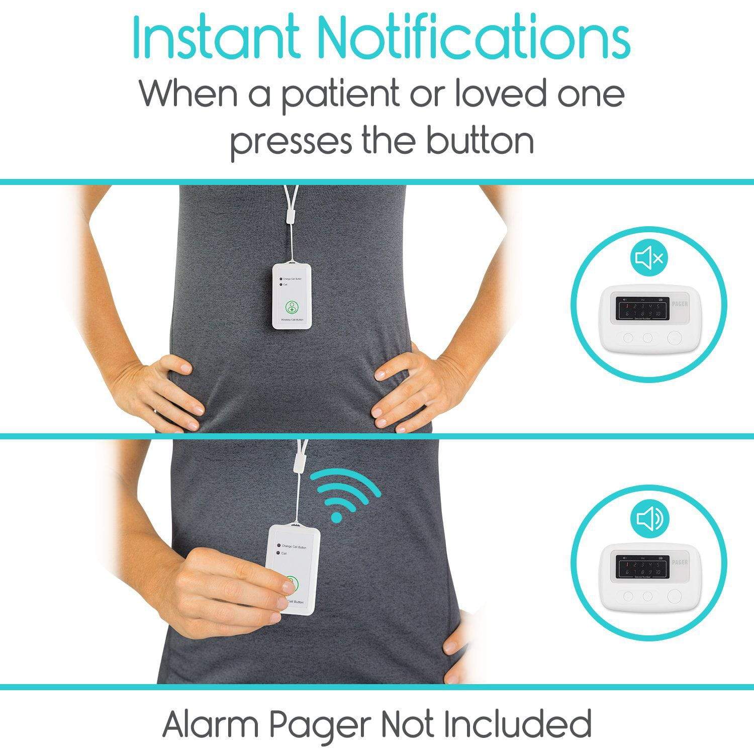 Vive Health - Wireless Call Button, Compact 3.5” x 1" with Lanyard, Real-Time Alerts