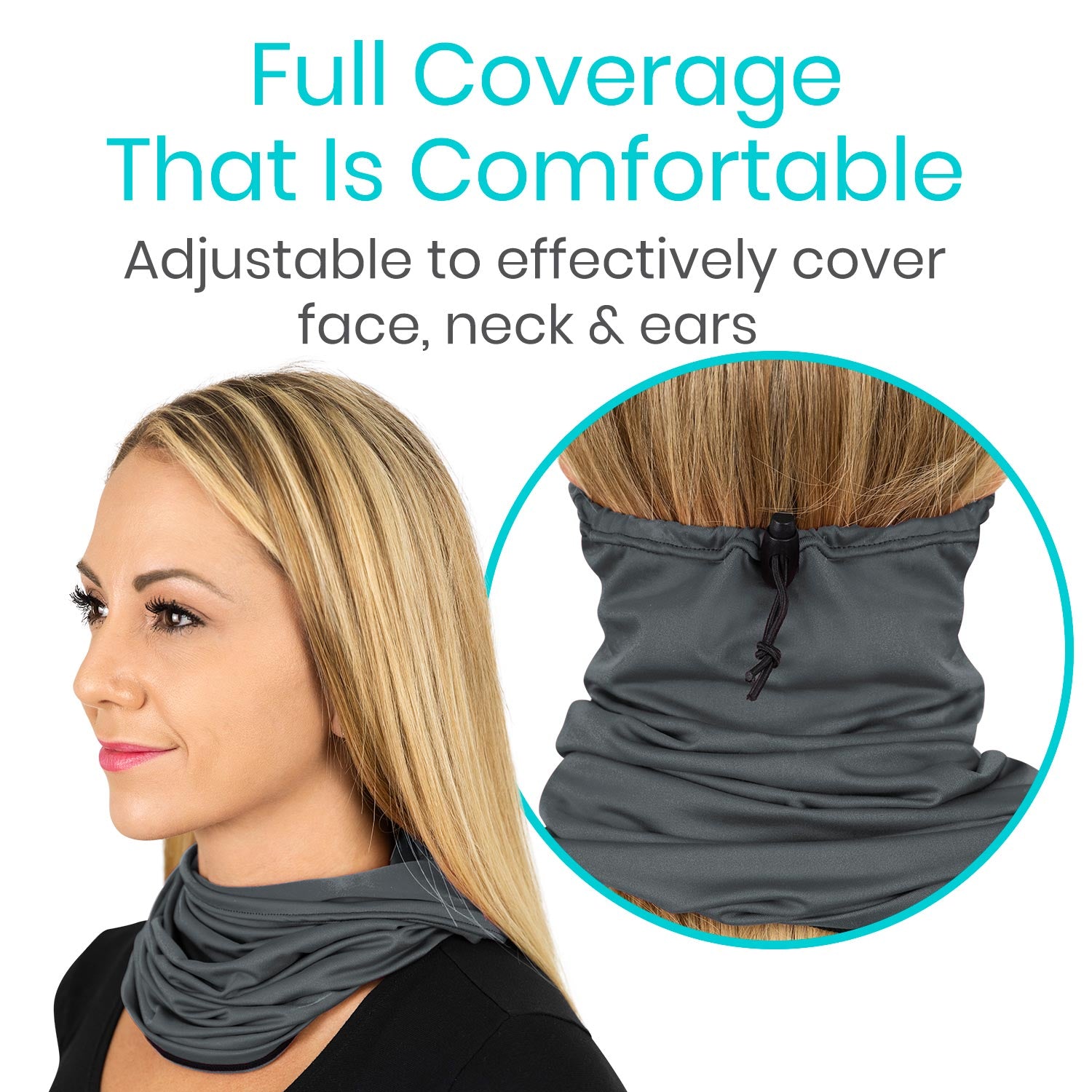 Vive Health - Neck Gaiter, Moisture-Wicking, Breathable, Elastic Drawstring, Colors: Black, Gray, Navy