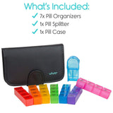 Vive Health - 7-Day Travel Pill Organizer with Pill Splitter, Four Sections Each, Black Leather Case, 7.5" x 4.8"