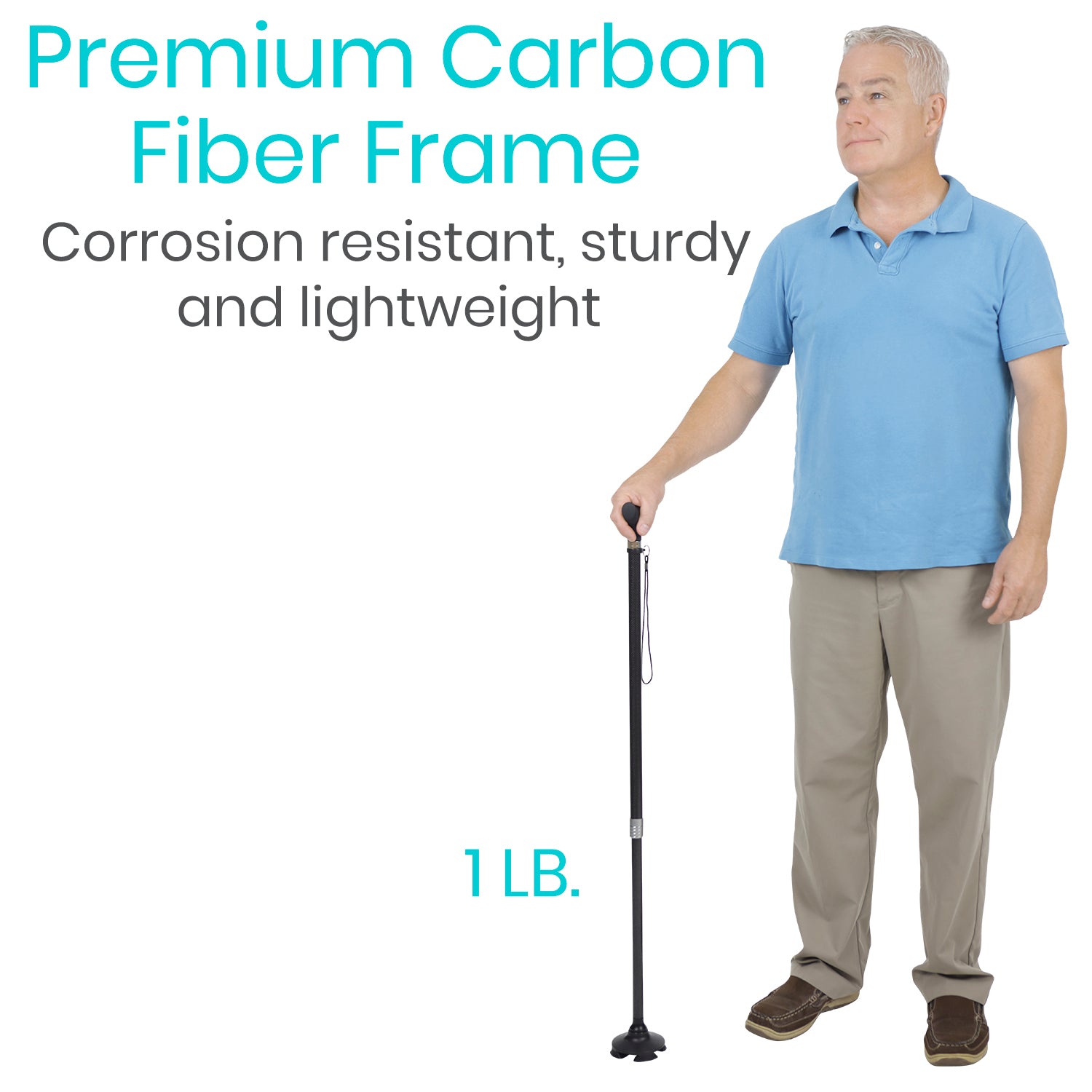Vive Health - Carbon Fiber Standing Cane with Quad Tip, Derby Grip, Adjustable Height (31”-39.5"), 250 lbs Weight Capacity