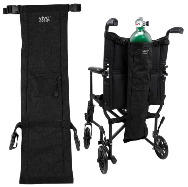 Vive Health - Oxygen Tank Holder, Holds D/E Cylinders, Reinforced Straps, Extra Pockets, Black, Gray