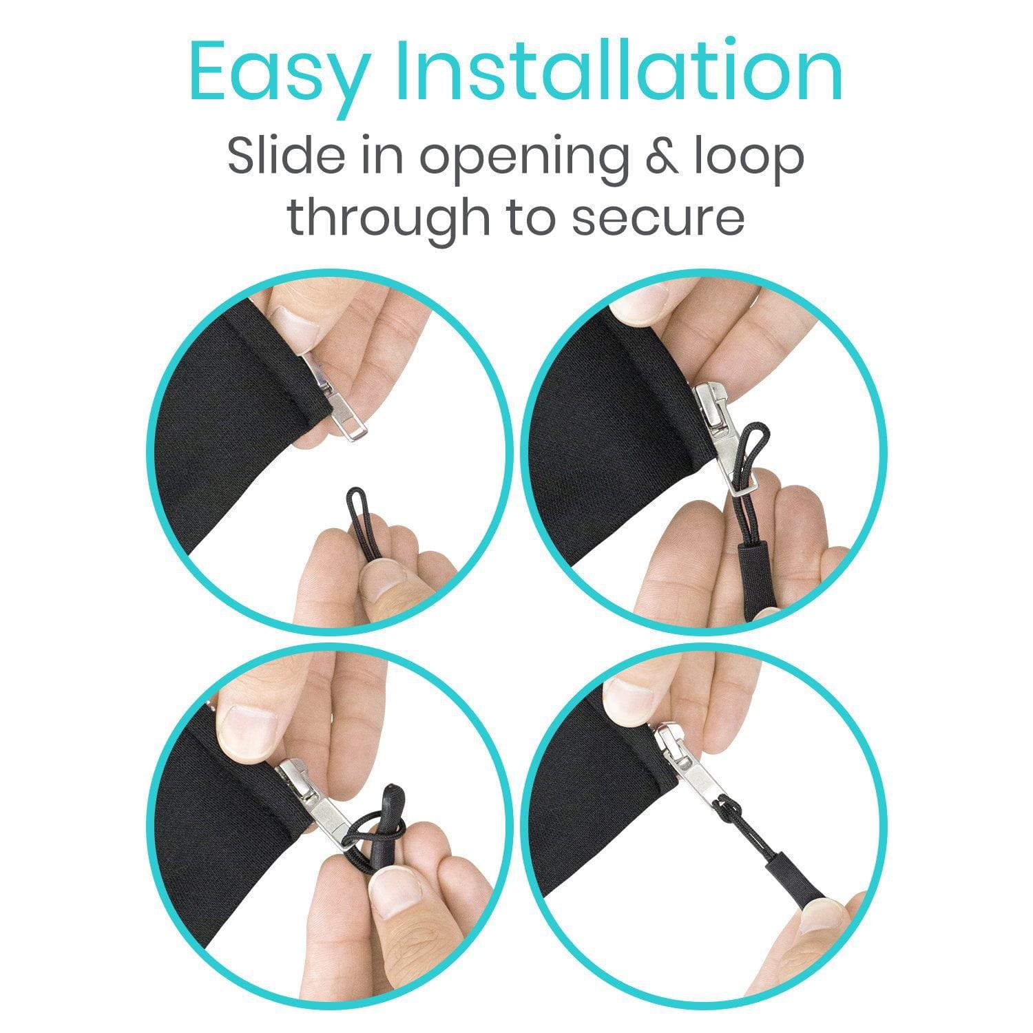 Vive Health - Easy Grip Zipper Pull, Works with Existing Zipper, Black, Pack of 10
