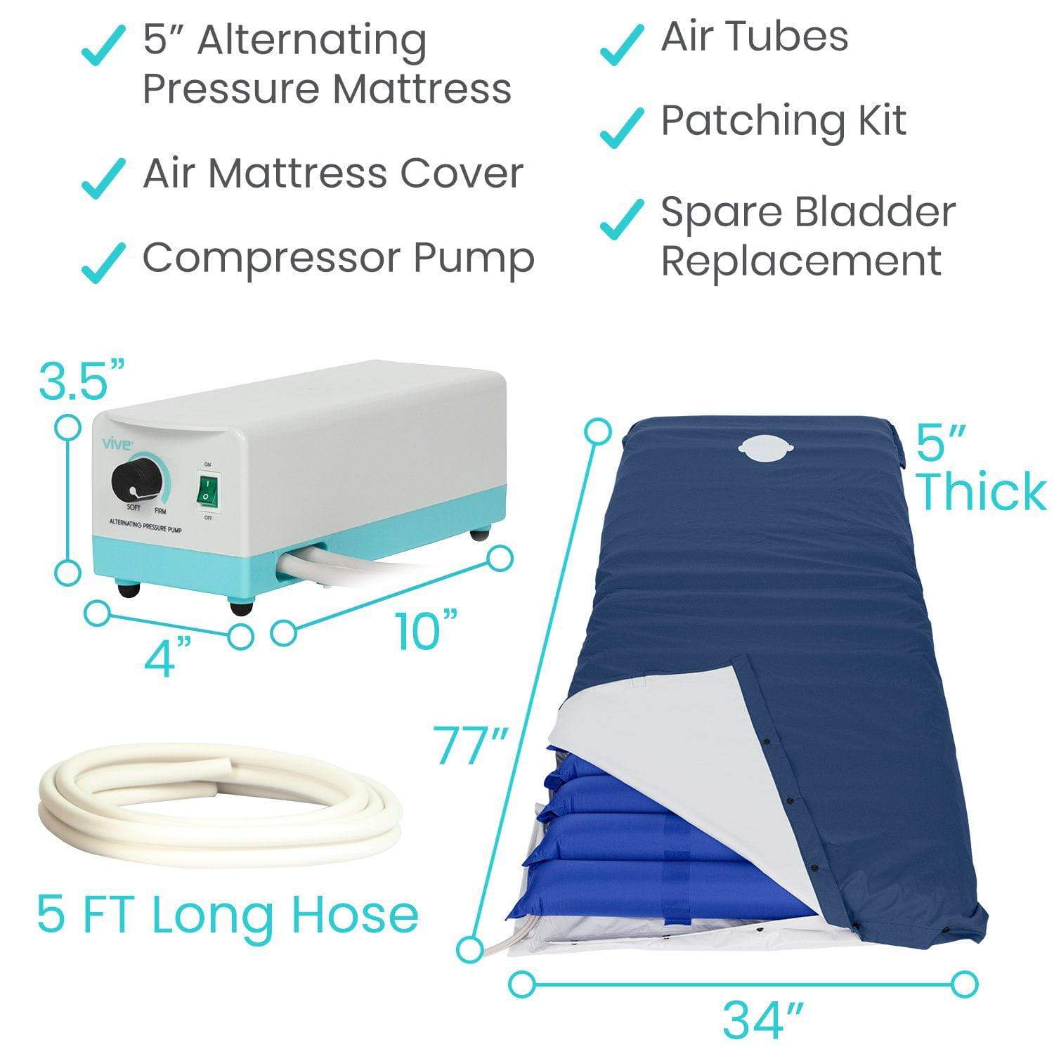 Vive Health - 5" Alternating Pressure Mattress, Pressure Pump, Twin, Waterproof Cover