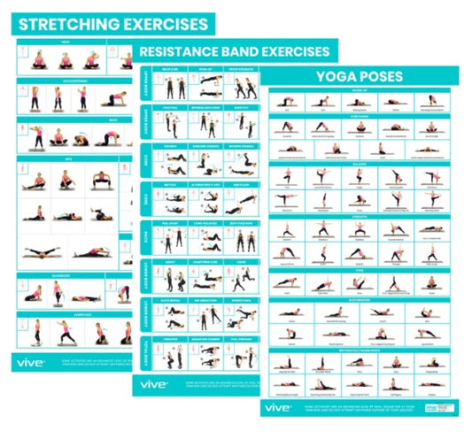 Vive Health - Flexibility Poster Pack: Yoga, Stretching, Resistance Bands, Full-Color, Laminated
