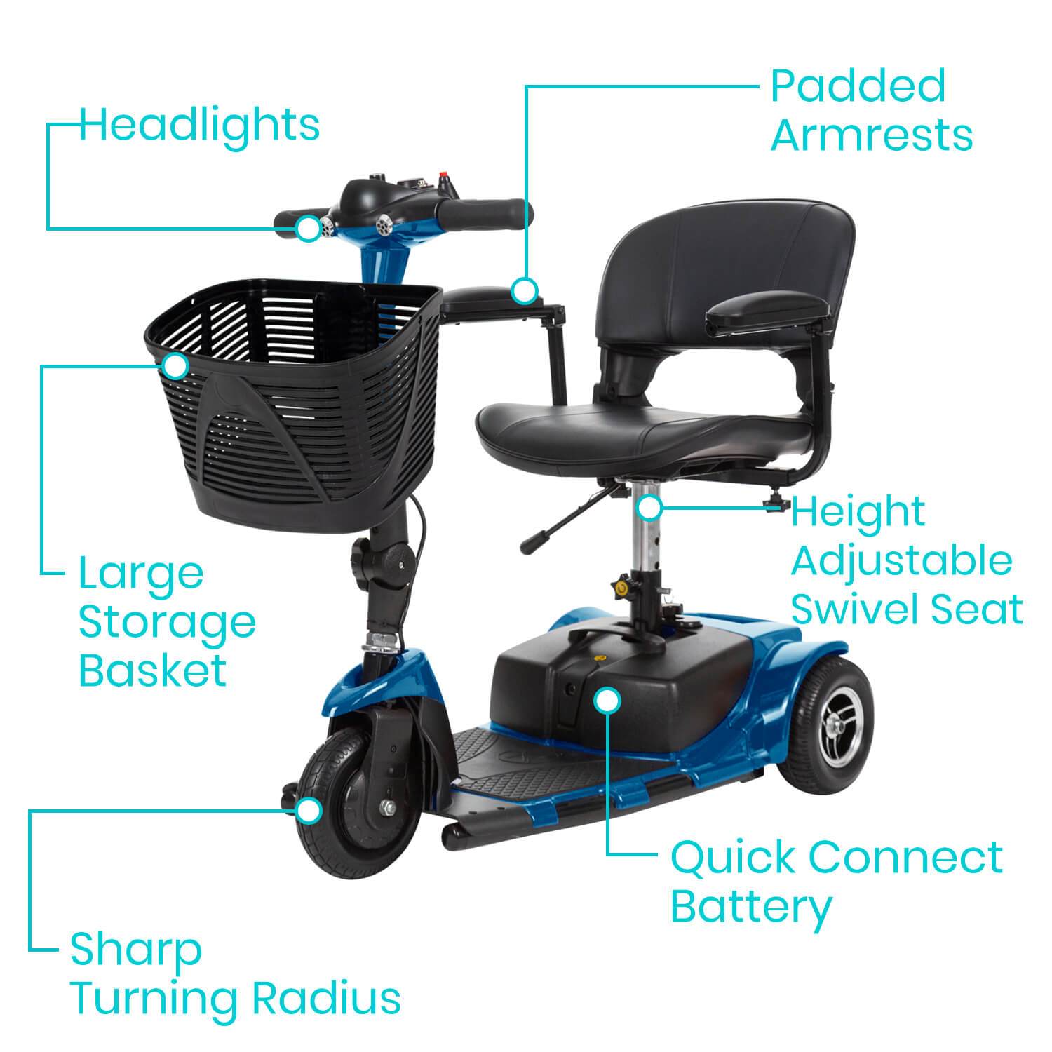 Vive Health - 3 Wheel Mobility Scooter, 12.4 Miles Range, 265lbs Weight Capacity