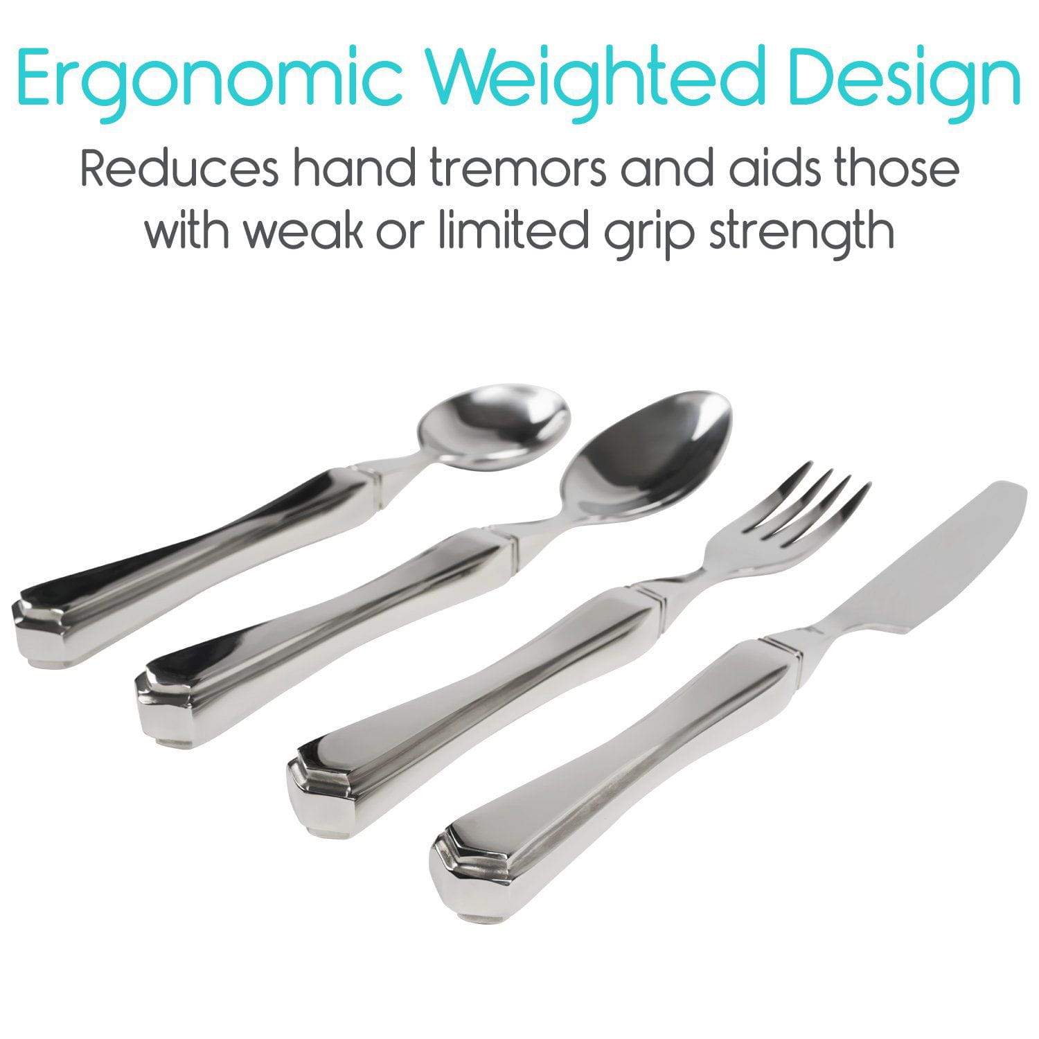 Vive Health - Weighted Utensil Set, Stainless Steel, Deep Spoons, 4pc - Weight Capacity 300lbs