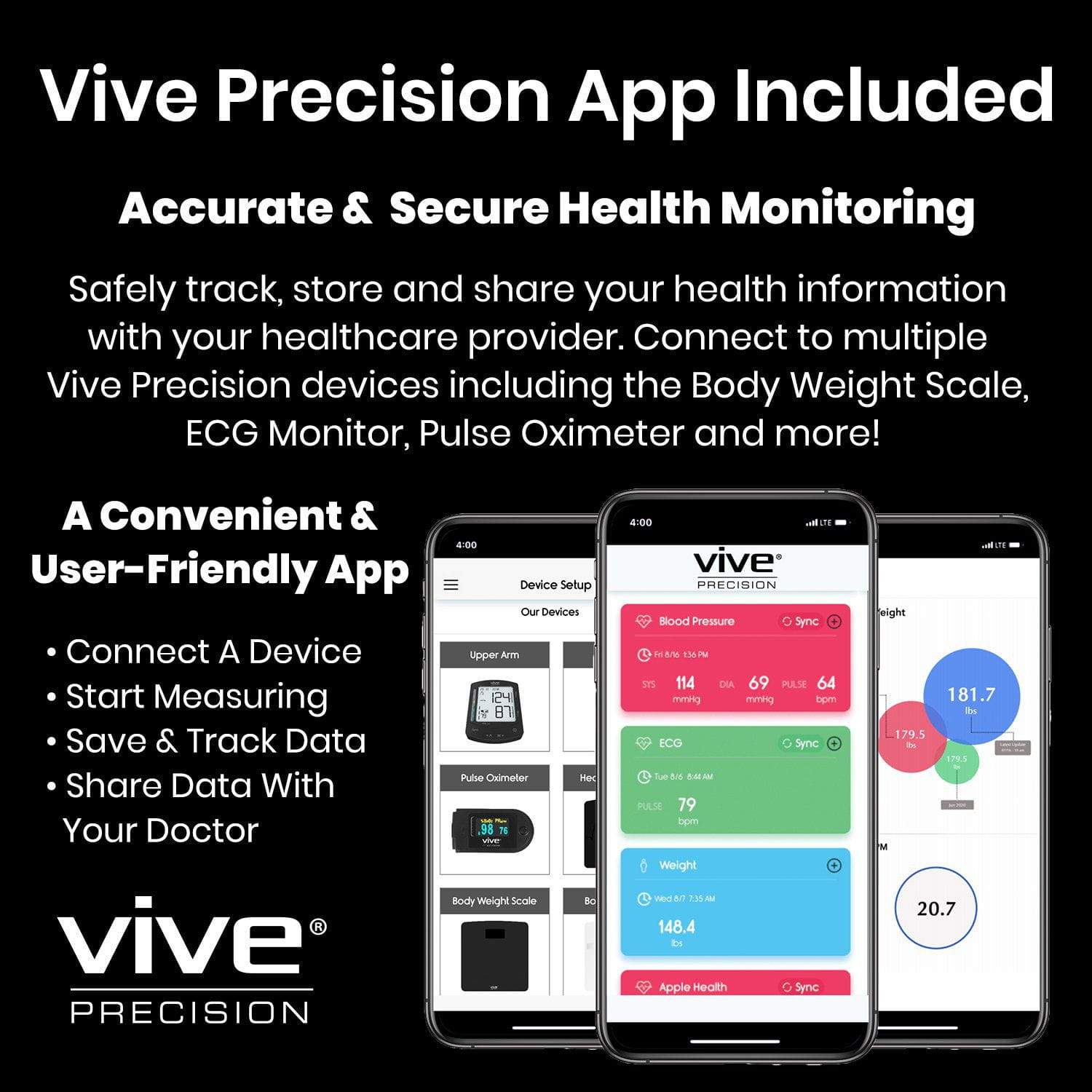 Vive Health -  Smart Digital Tempered Glass Scale with LED display and Smart App