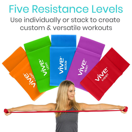 Vive Health - 6’ Straight Resistance Bands, X-Light to X-Heavy, 5 Pack