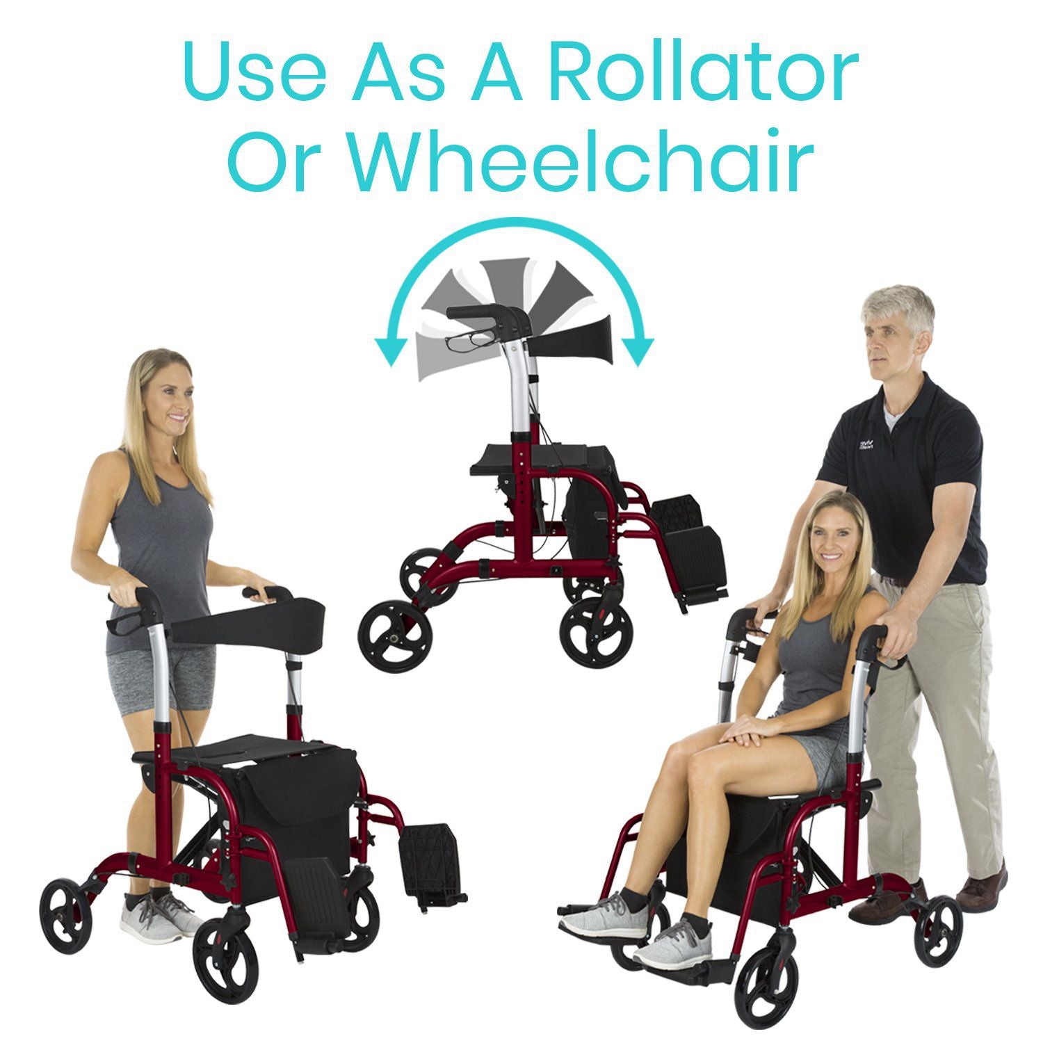 Vive Health - Four Wheel, Aluminum Wheelchair Rollator Hybrid, 300lbs Weight Capacity