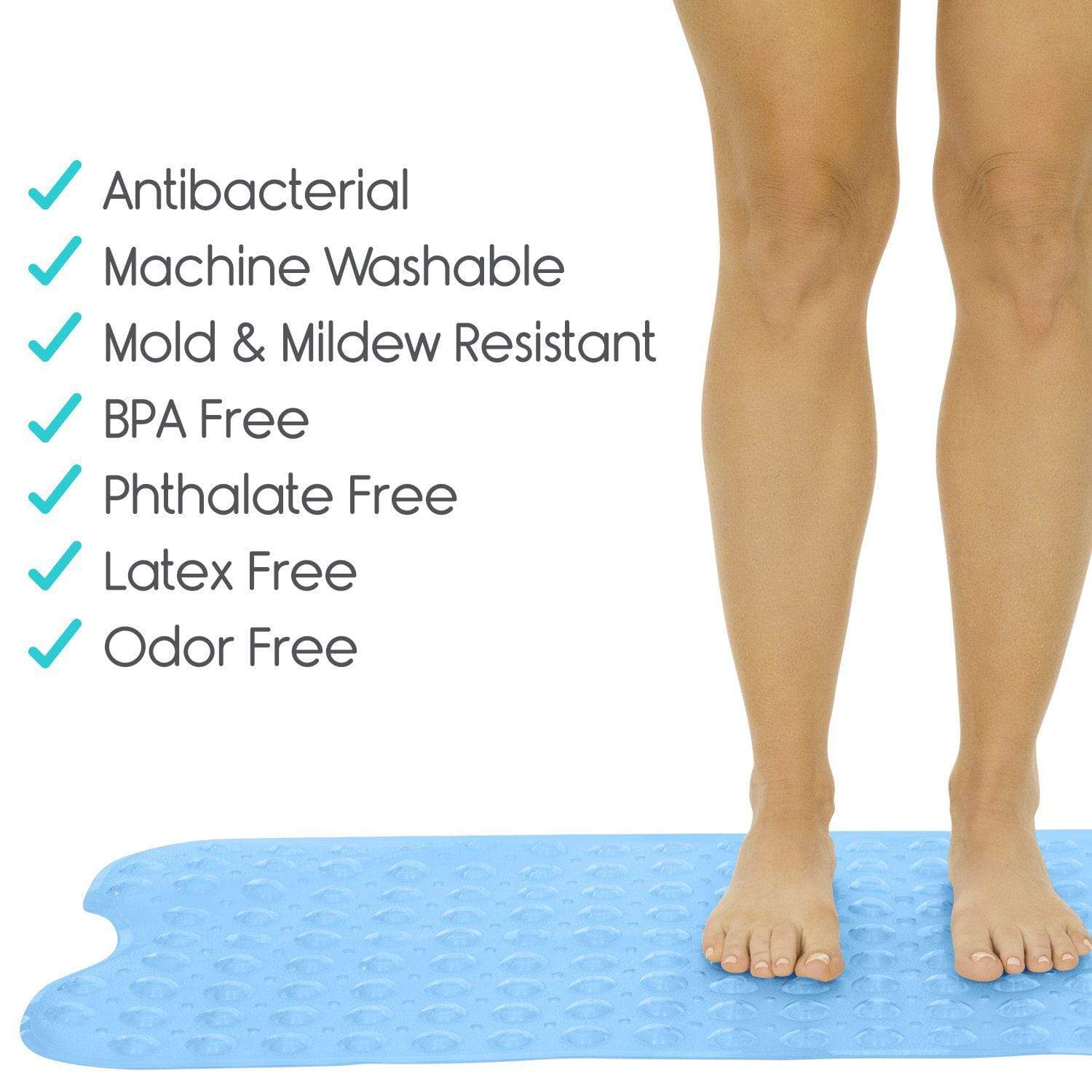 Vive Health - 38" x 15" Bath Mat, Nonslip Suction Cups, Blue PVC