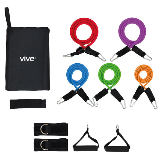 Vive Health - 11 PC Tube Resistance Bands with Metal Clips, Handles/Loops, Door Anchor