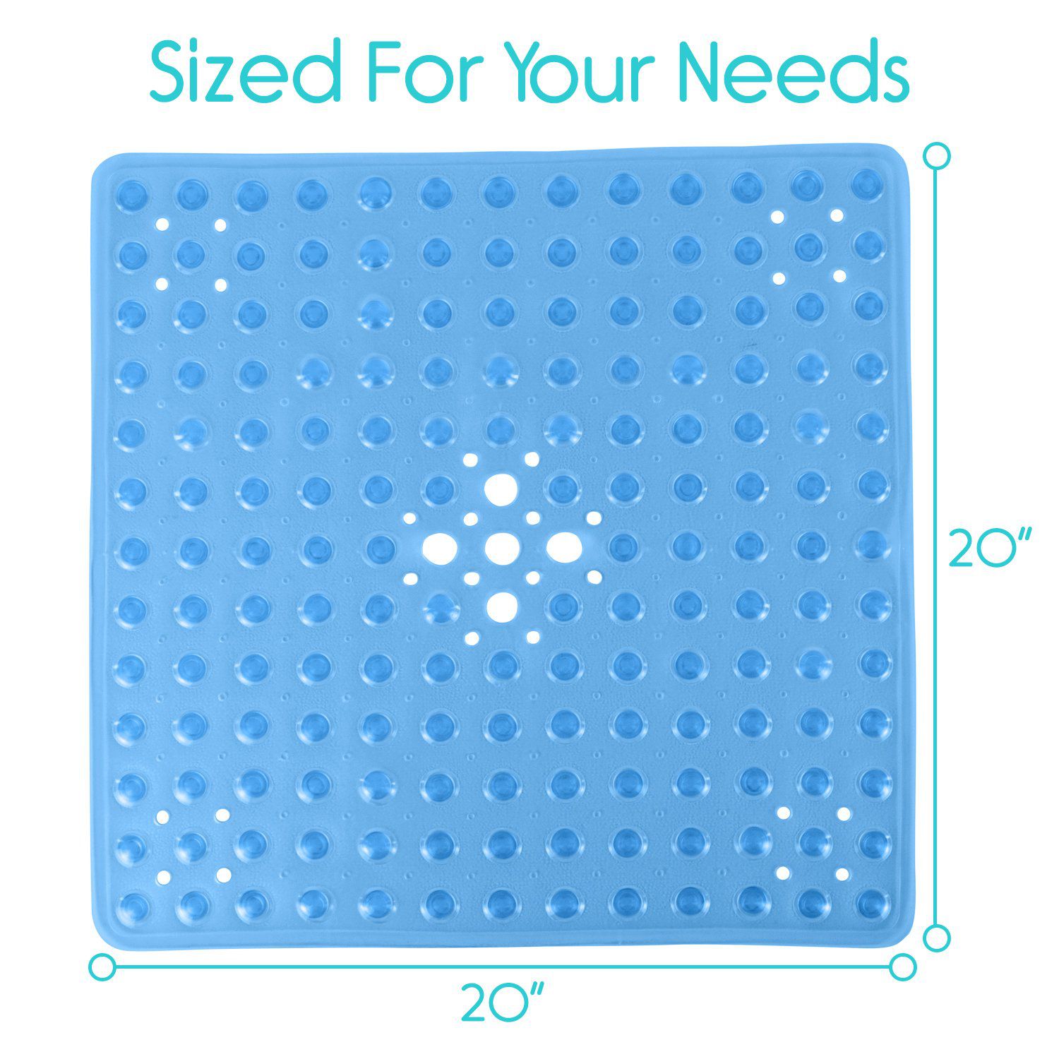 Vive Health - 20” x 20" Shower Mat, Nonslip Suction Cups, Center Drain, Blue PVC