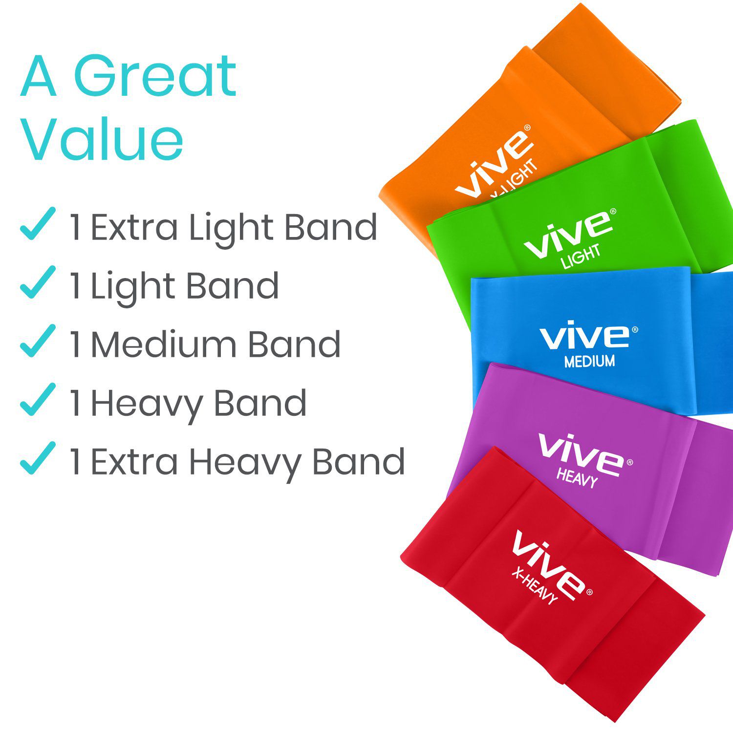 Vive Health - 6’ Straight Resistance Bands, X-Light to X-Heavy, 5 Pack