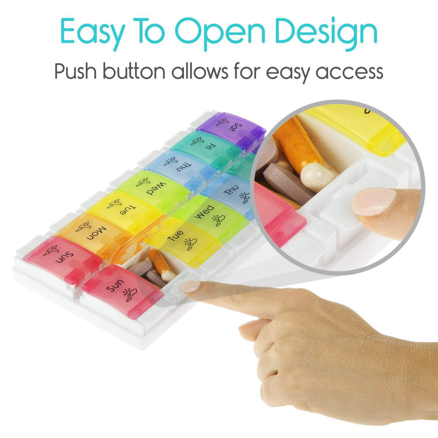 Vive Health - AM/PM Pill Organizer with Color-Coded, Push-Button Lids, Detachable