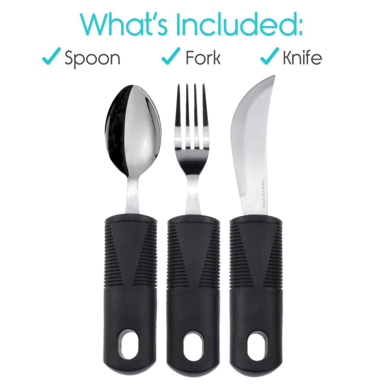 Vive Health - Adaptive Utensil Set, Wide, Non-Weighted Fork, Spoon, Knife, Dishwasher Safe