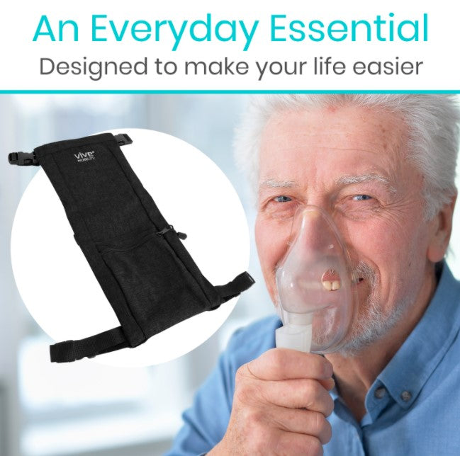 Vive Health - Oxygen Tank Holder, Holds D/E Cylinders, Reinforced Straps, Extra Pockets, Black, Gray
