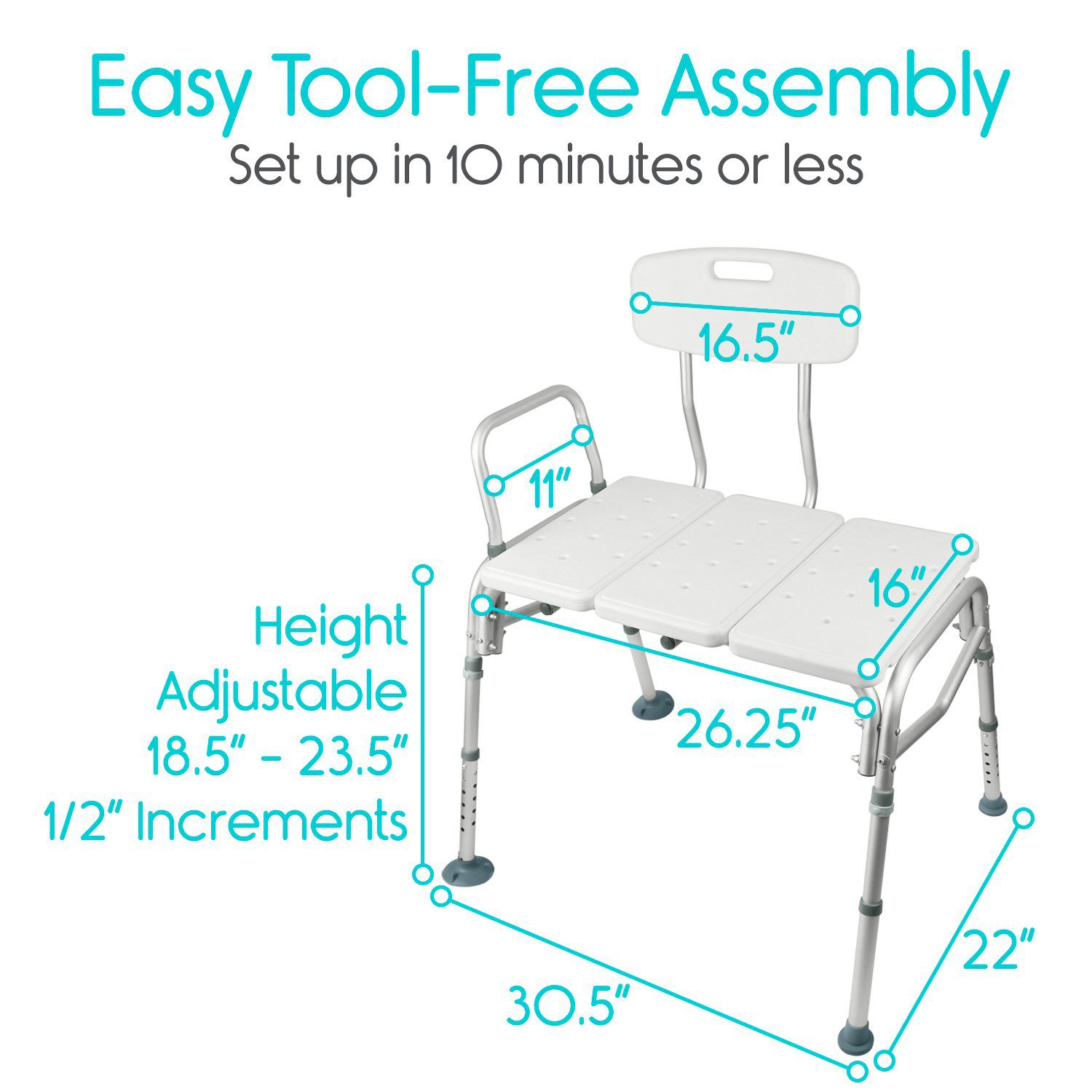 Vive Health - Bathroom Transfer Bench with Adjustable Aluminum Frame and Nonslip Design