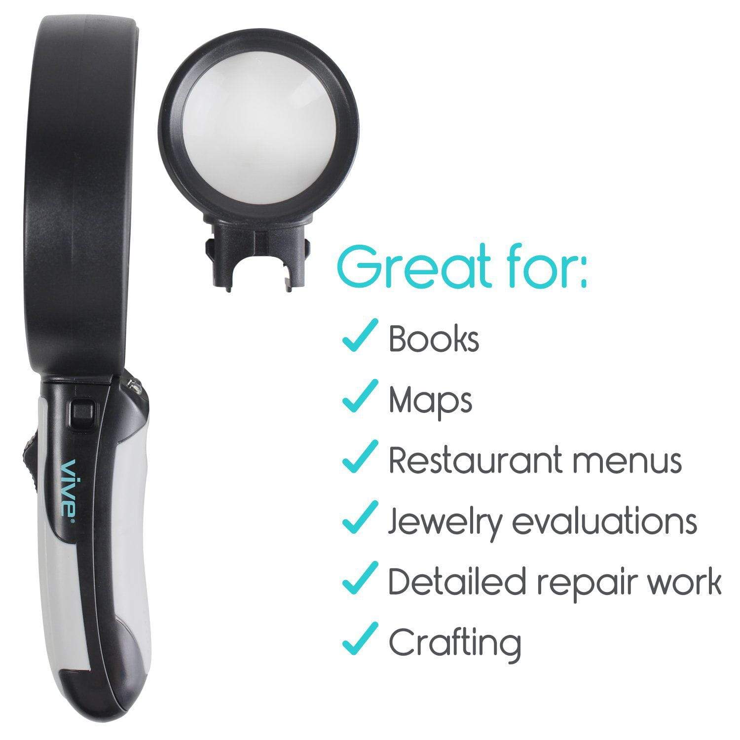 Vive Health -  LED Magnifying Glass: Compact 4" Magnifier with 5X/10X Acrylic Lenses and Pouch