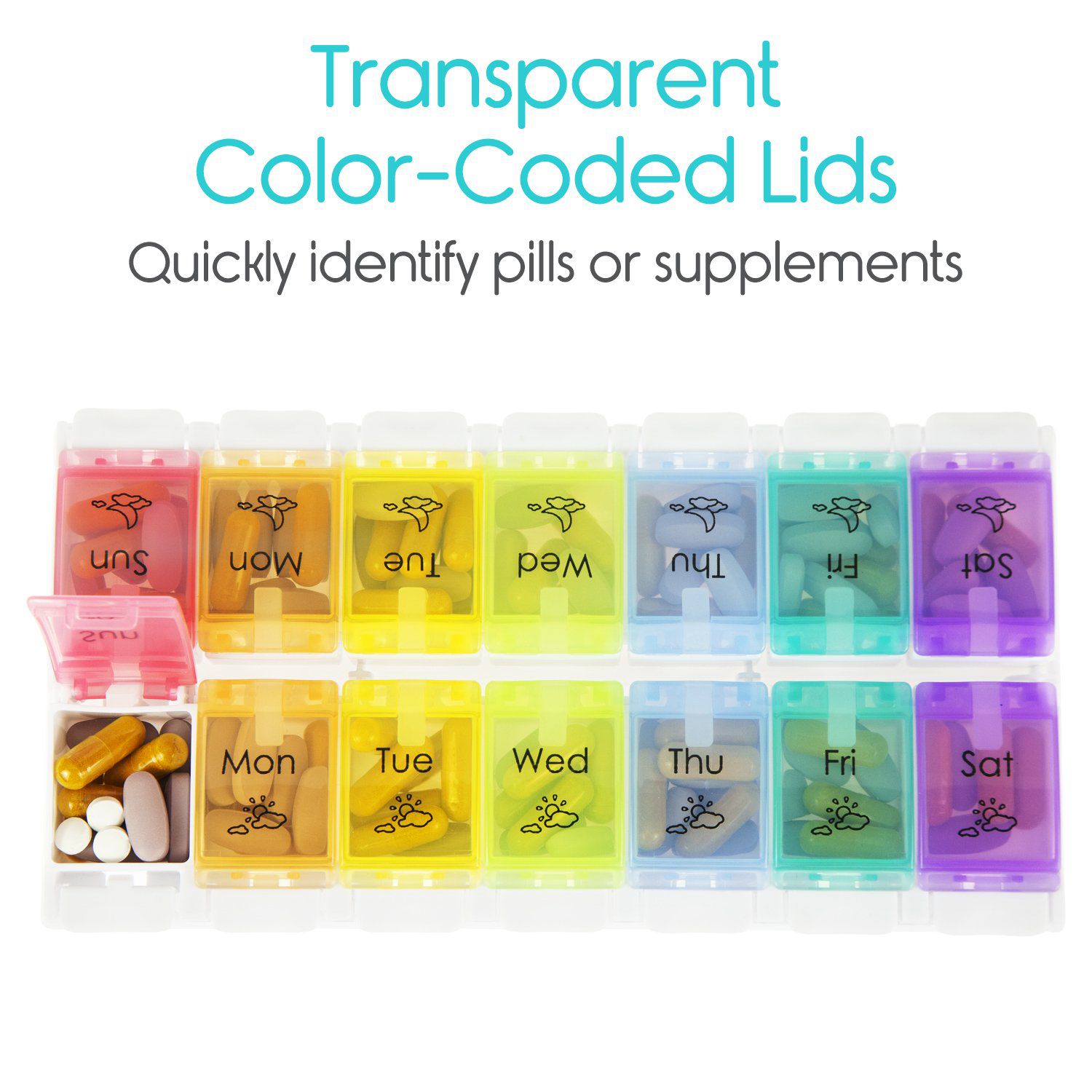 Vive Health - AM/PM Pill Organizer with Color-Coded, Push-Button Lids, Detachable