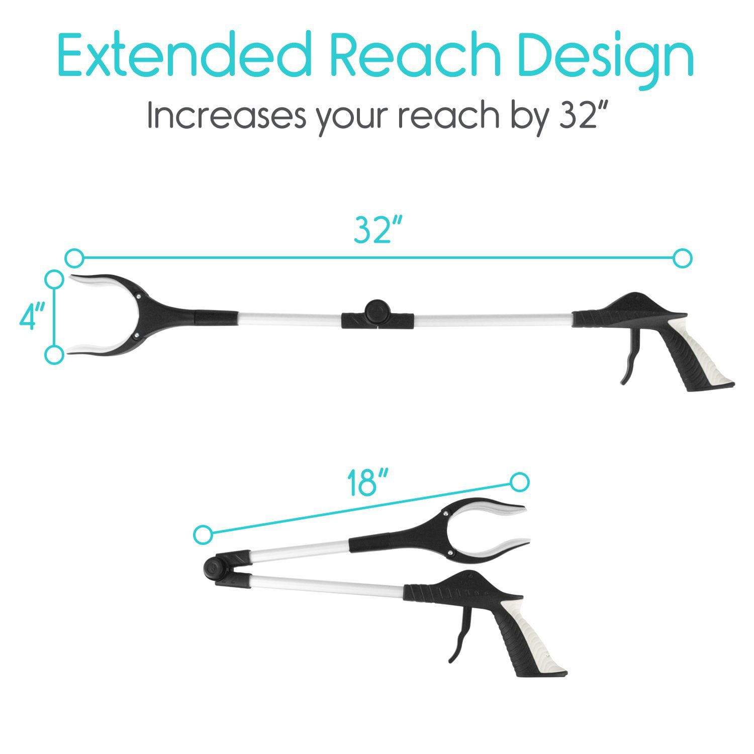 Vive Health - 32” Folding Reacher Grabber with 4" Rotating Claw - Supports up to 5 lbs